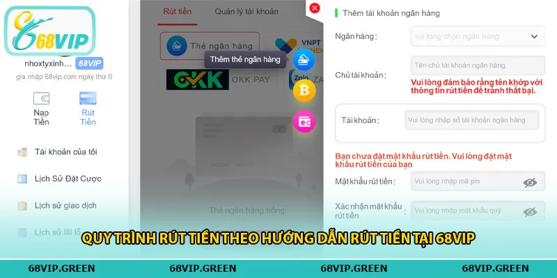 Quy trình rút tiền theo hướng dẫn rút tiền tại 68vip